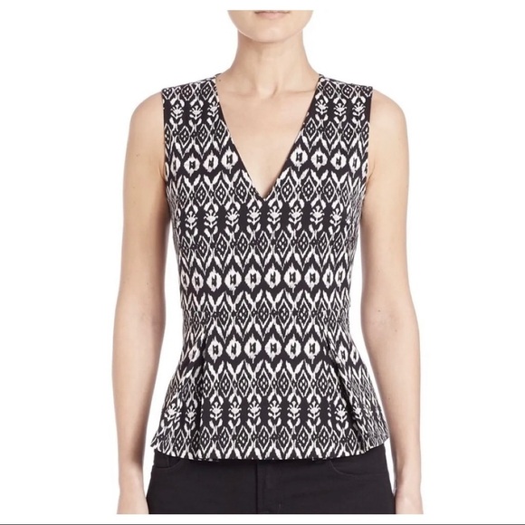 Diane von Furstenberg Sz 4 Black Peplum V Neck ikat s Blouse Top Womens - Picture 1 of 12